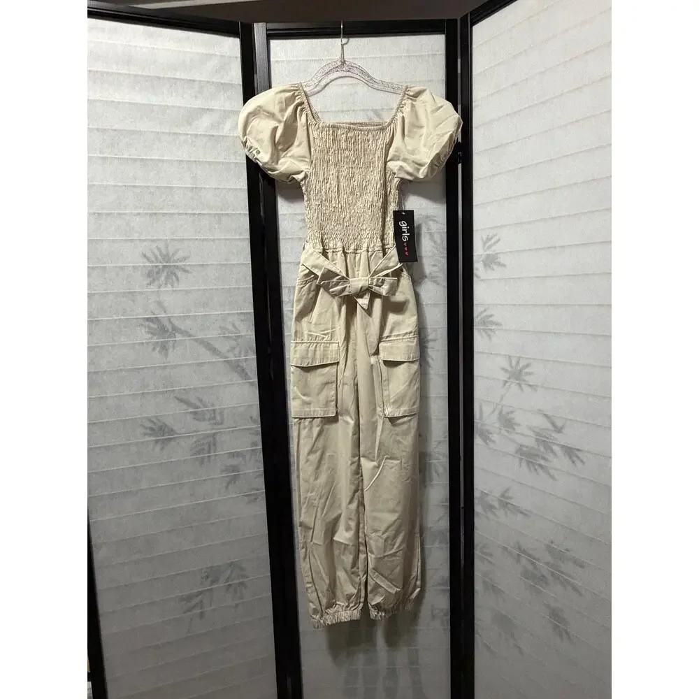 Girls 10/12 NWT Khaki Y2K Shirred Cargo‎ Jumpsuit Utility Romper Puff Sleeve Tie